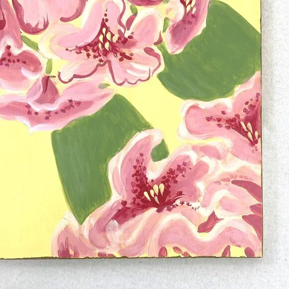 Pottery Barn Kids Rhododendron Painted Wood Wall Art Plaque 14 x 18 Pink Yellow - Picture 5 of 7